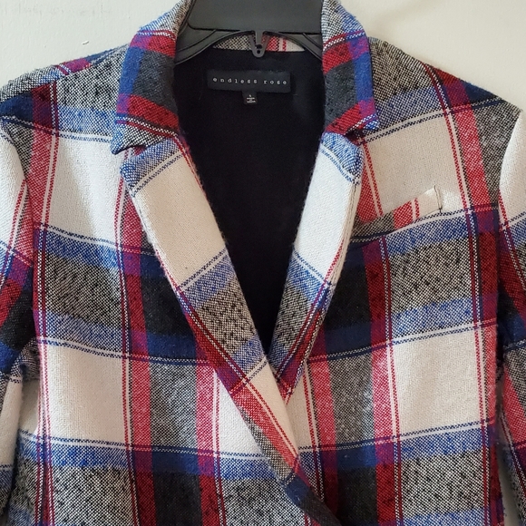 Endless Rose plaid wool blend pea coat in red, blue, black & white, S - Picture 5 of 10